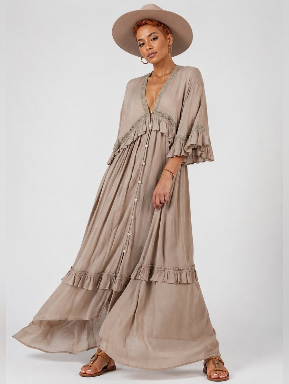 ESTELLE Boho Ruffle Dress-Sand